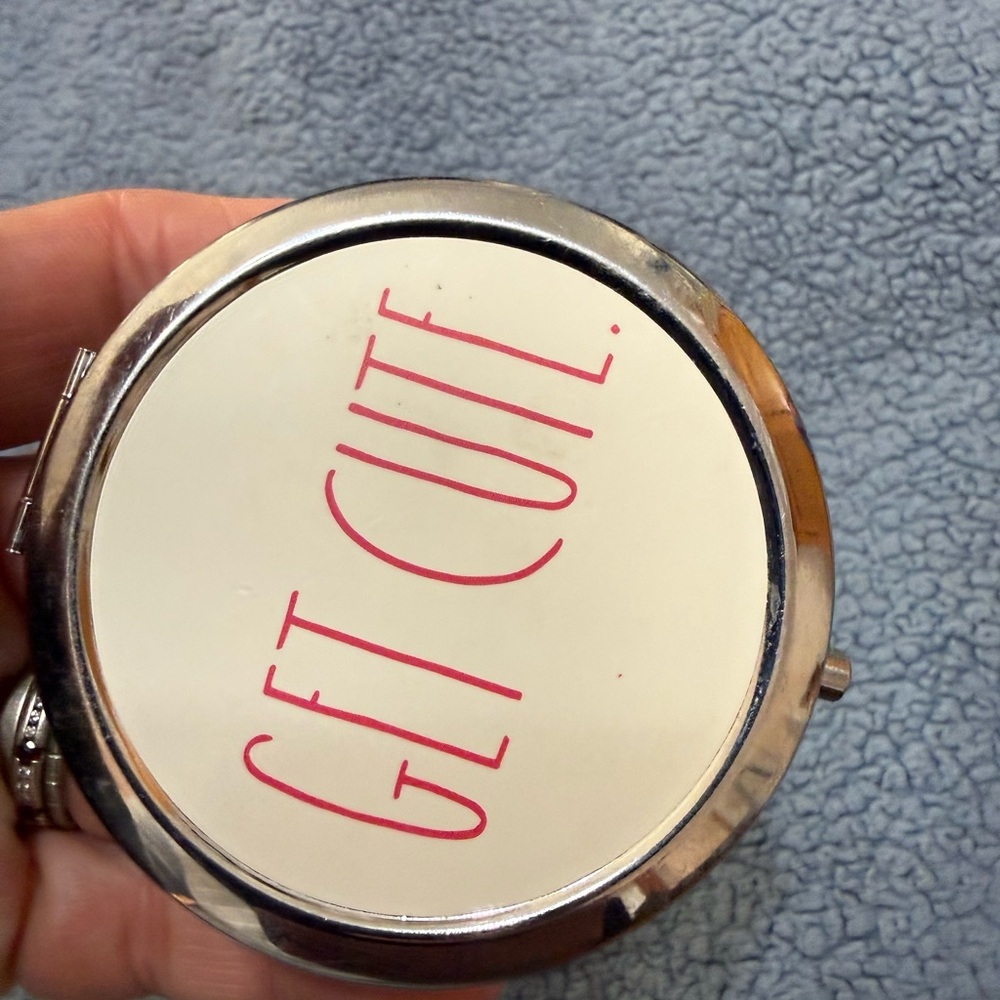 Silver Compact Mirror with 'Get Cute' Design